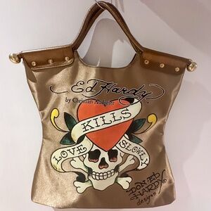MINT Ed Hardy by Christian Audigier Gold Tote Bag – Love Kills Slowly HeartPrint
